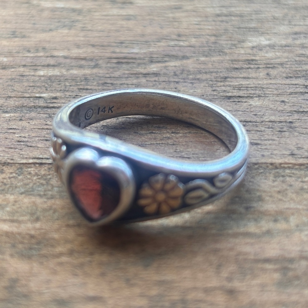 James Avery - Garnet Heart & 14k Gold Flower Ring,sz 8.5